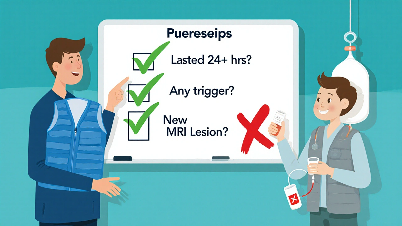 Neurologist explaining MS relapse vs pseudorelapse checklist with cooling vest and urine test, no steroids shown.