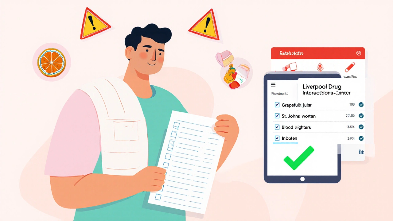 Patient with medication list and warning icons, beside a tablet showing a drug interaction checker.