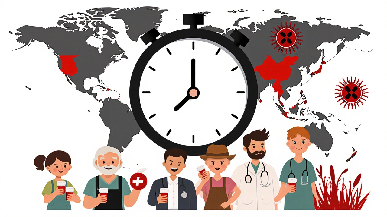 People from different walks of life hold antibiotic pills as a clock ticks and red resistance zones spread across a global map.