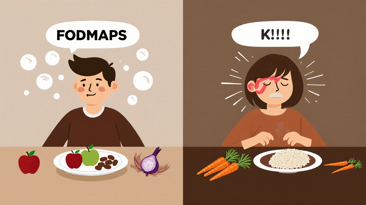 Person at table with FODMAP foods causing pain waves to brain, contrasted with safe foods.