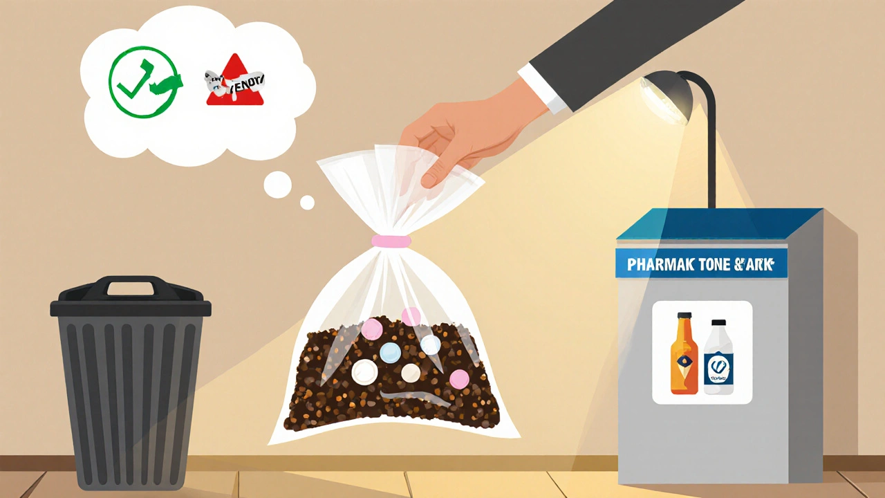 Person disposing of expired pills mixed with coffee grounds in a trash bag, with pharmacy take-back bin visible in background.