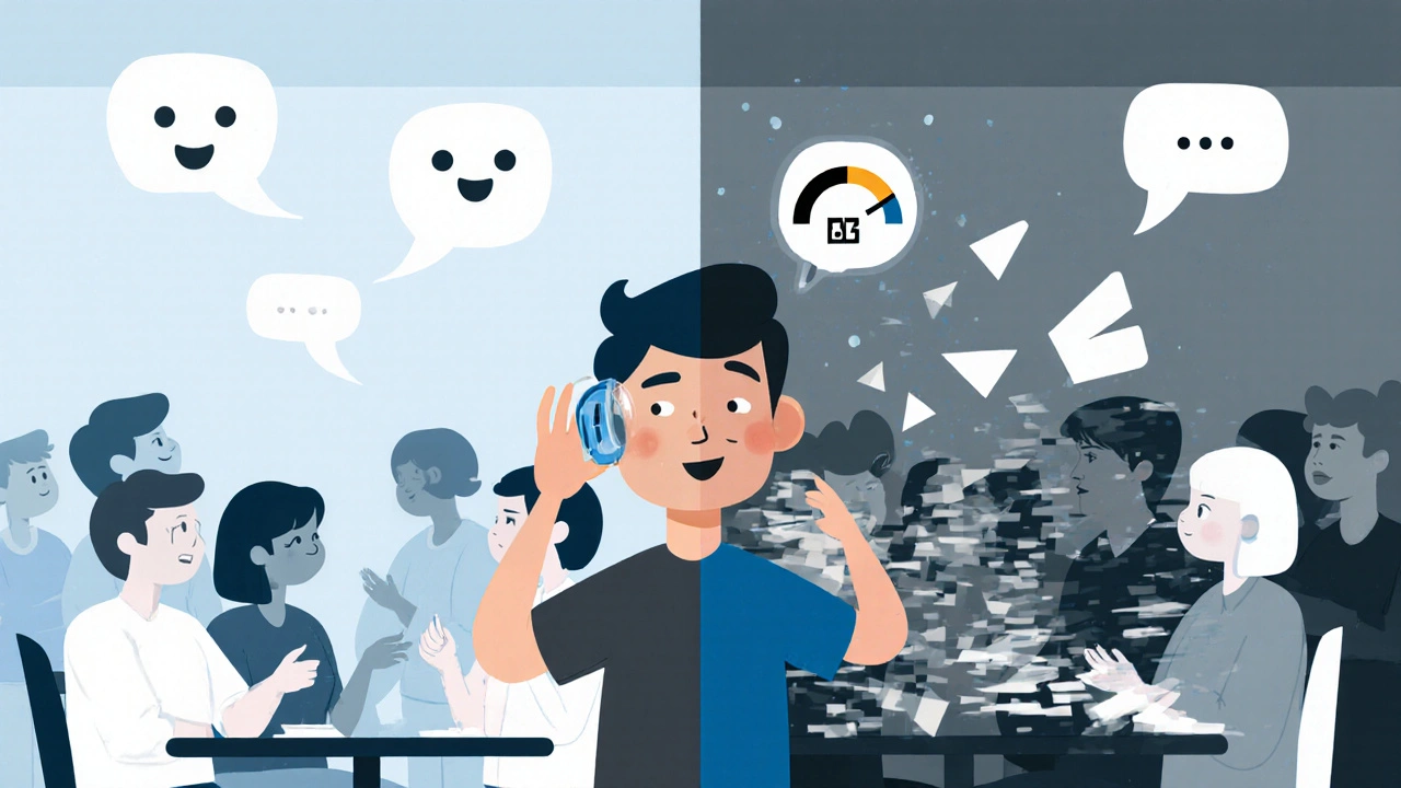 Person struggling to hear in a noisy restaurant, with clear and muffled sound sides shown in flat design.