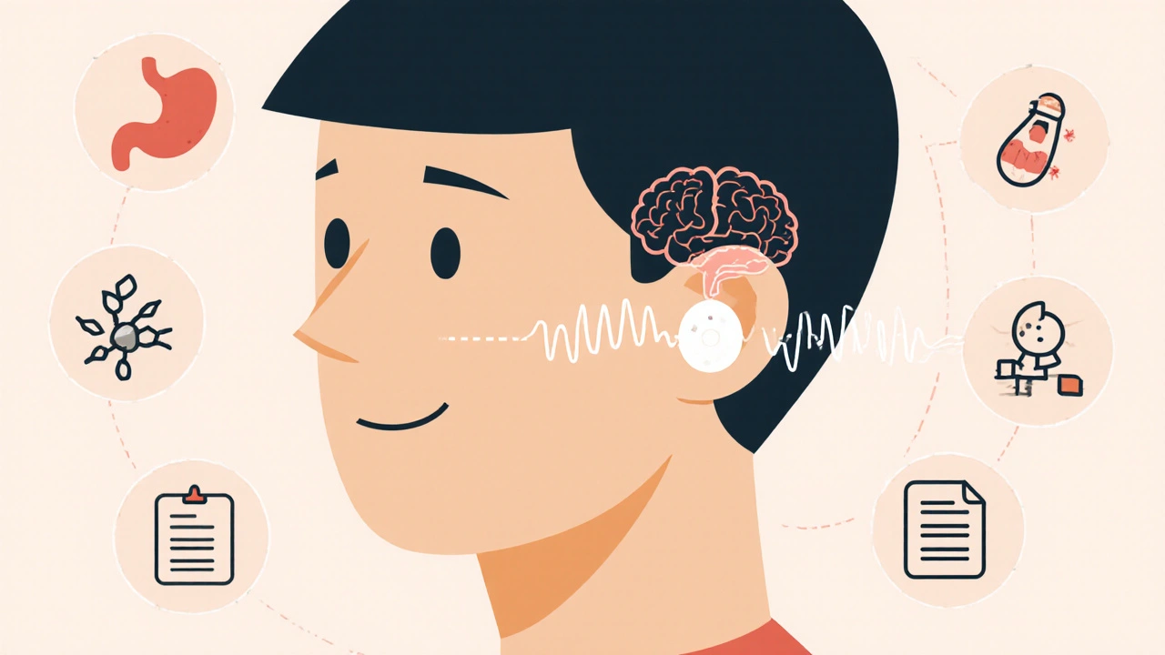 Person with vagus nerve stimulation device and icons representing gut-brain therapies.