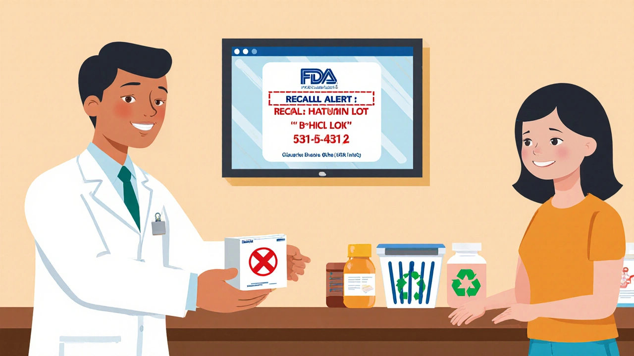 Pharmacist giving replacement medication at counter with recall alert on screen