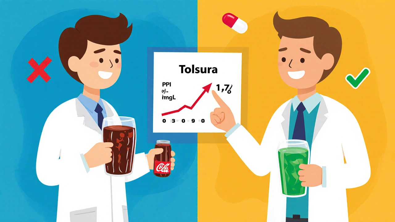 Pharmacist handing Tolsura tablet to patient with cola, blood test showing improved levels.