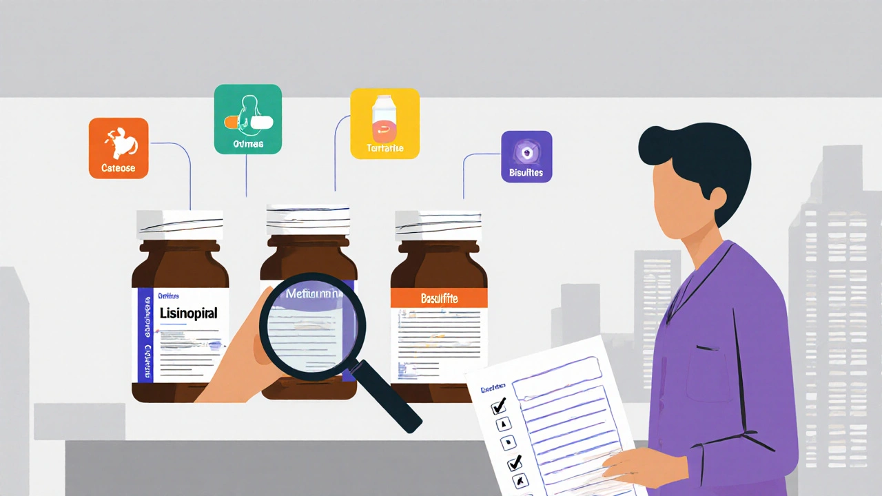 Pharmacist using a magnifying glass to compare different generic pills with unique excipient icons.