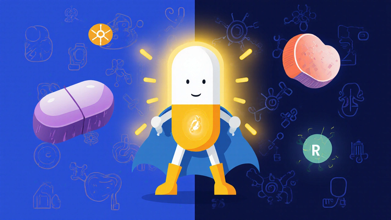 Ritonavir pill as a superhero boosting other antiviral drugs by inhibiting enzymes and transporters.