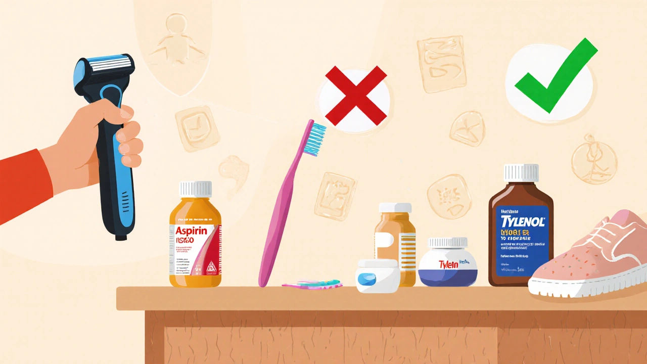 Safe alternatives to aspirin: electric razor, soft toothbrush, and Tylenol bottle.