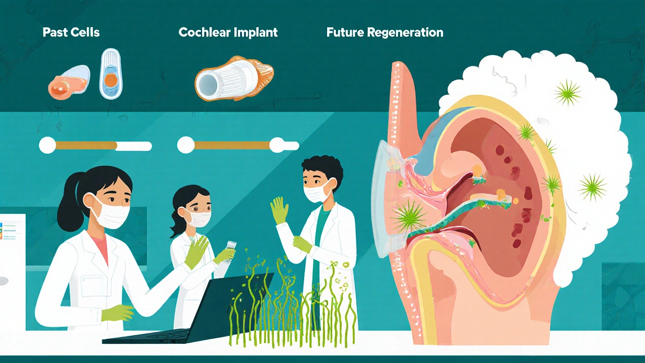 Scientists regenerating hair cells in a lab, with timeline showing hearing aid to cochlear implant to future therapy.