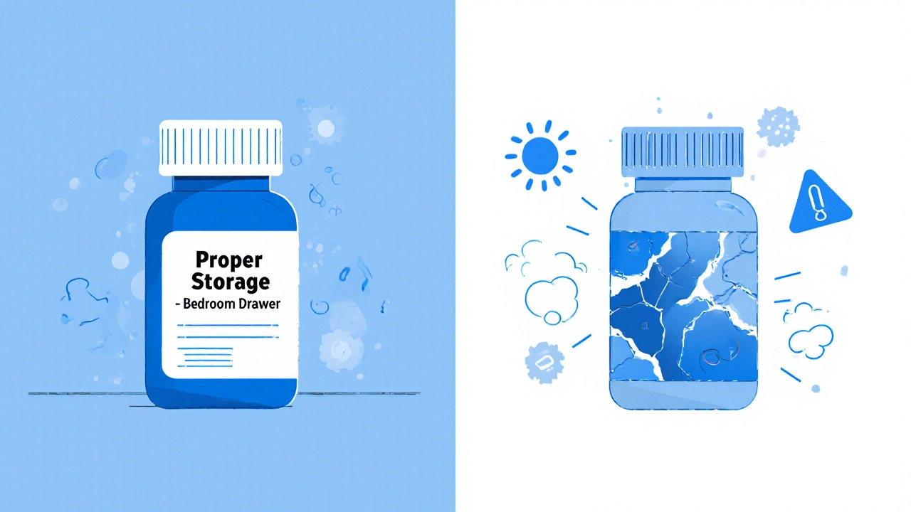 Side-by-side flat design showing proper vs. improper medicine storage with heat, moisture, and light icons degrading one bottle.