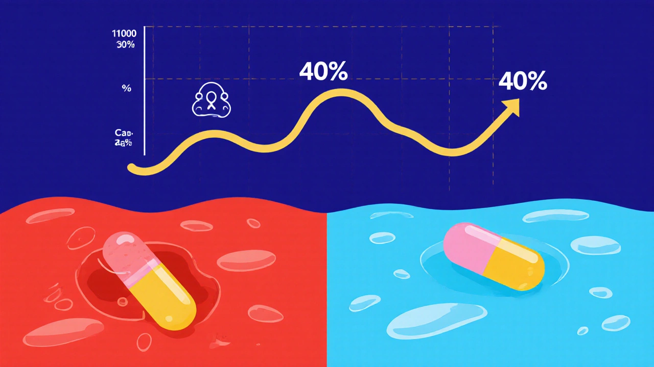 Side-by-side visual of itraconazole dissolving in acid vs. not dissolving in neutral pH.