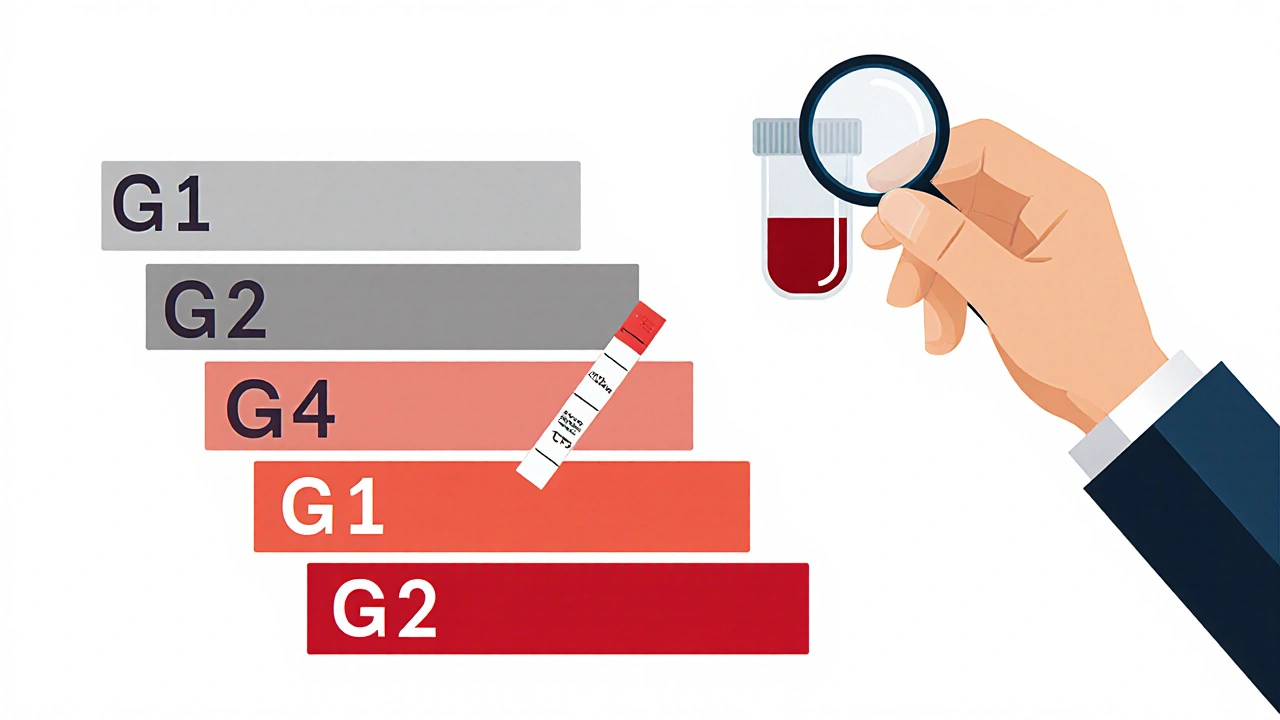 Six kidney stages as a staircase with blood and urine tests, highlighting early detection at G2.