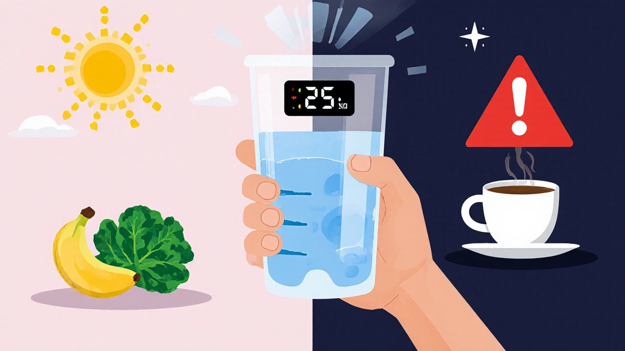 Smart cup tracking fluid intake with warning icons for caffeine and alcohol on split background