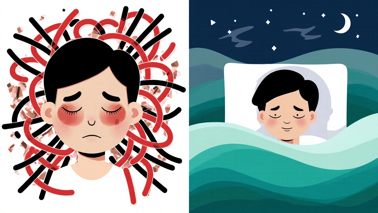Split illustration: chaotic pain vs. calm sleep, symbolizing trazodone&#039;s effect on fibromyalgia