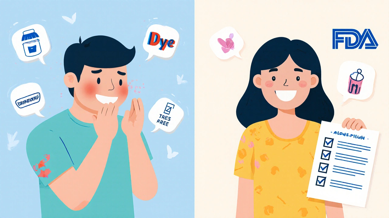 Split image: sick patient with excipient symbols vs. healthy patient after switching to cleaner meds.