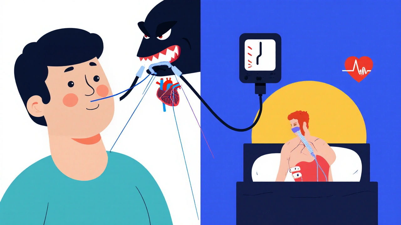 Split scene: person ignoring snoring with ominous shadow vs. same person using CPAP with sunrise and healthy heart.