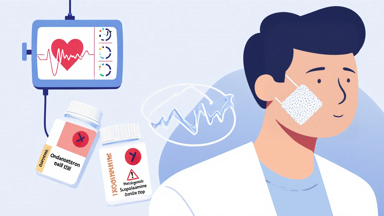 Three antiemetic medications with warning signs and dizziness symbols beside a heart monitor