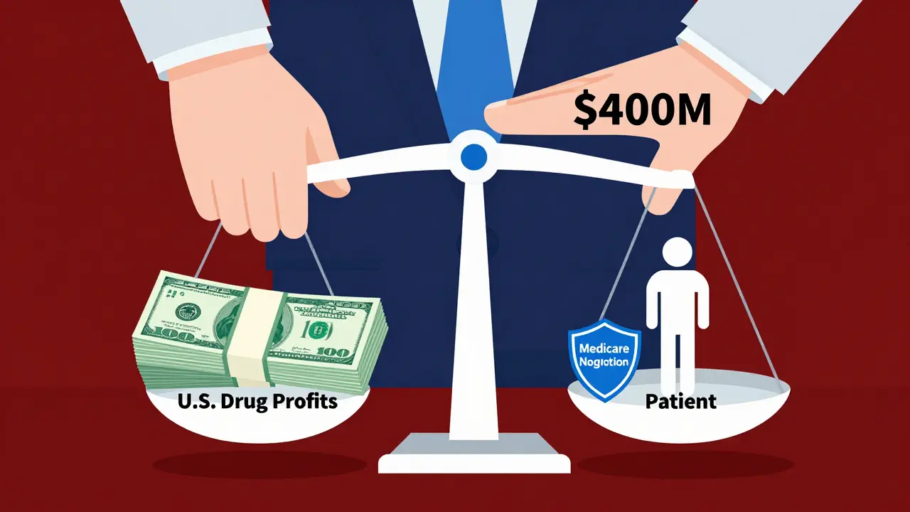 A broken scale tipping under U.S. drug profits, with a patient on the losing side and a lobbying hand pushing down.