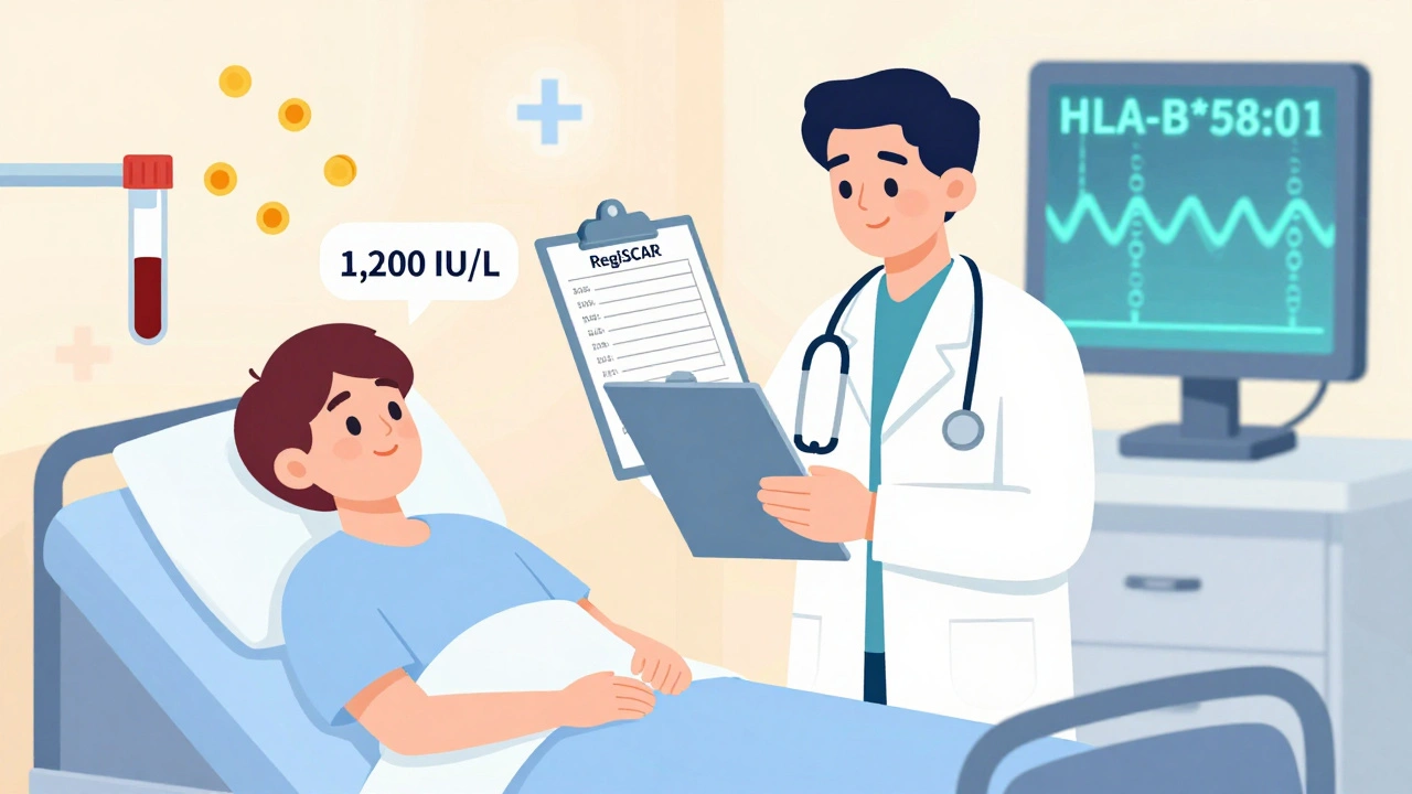 A doctor reviewing a diagnostic chart beside a patient with elevated liver enzymes and eosinophils floating nearby.
