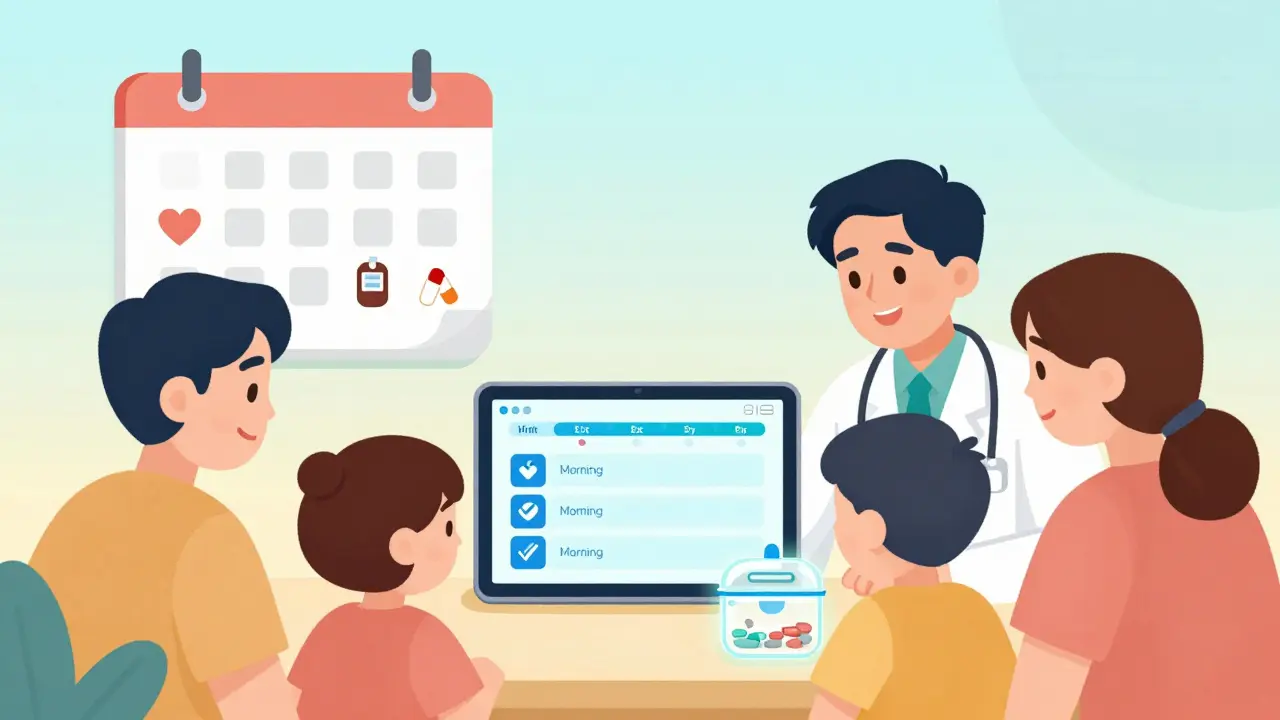 A family and doctor reviewing a digital medication schedule on a tablet.