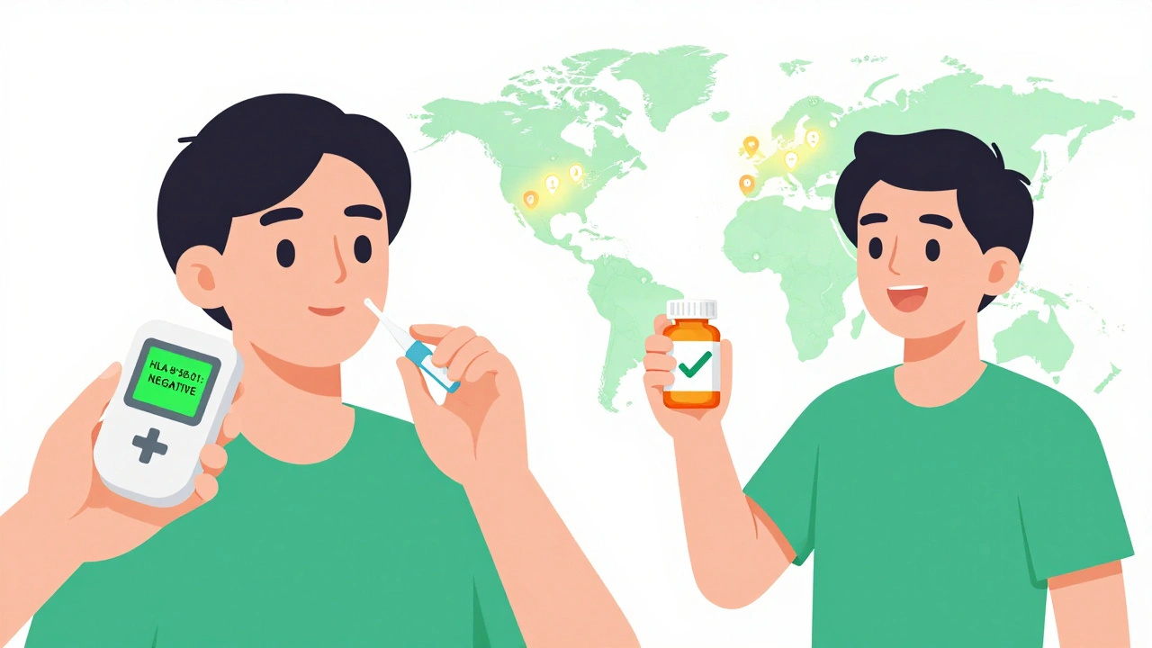 A patient getting a quick genetic test, with a safe pill checkmark and global DRESS registry map in the background.