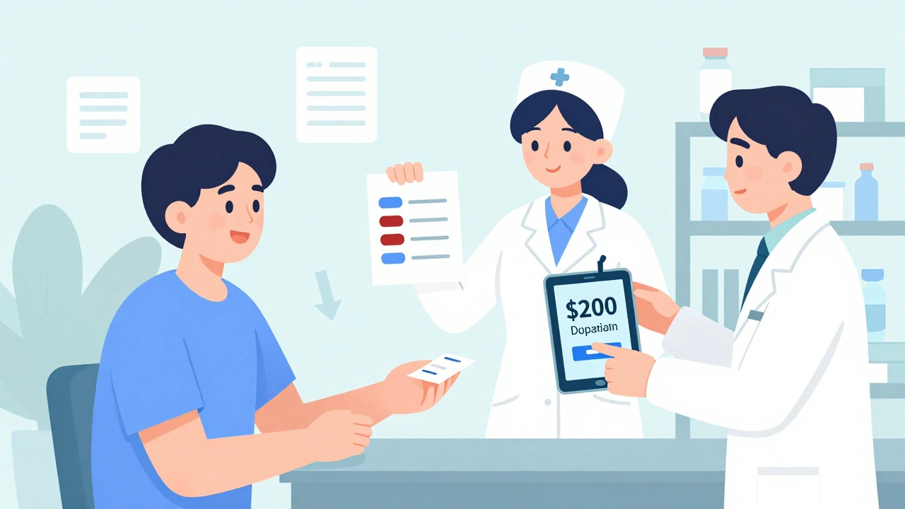 A patient receives a prescription from a pharmacist while a nurse and care coordinator show improved health metrics and lower costs.