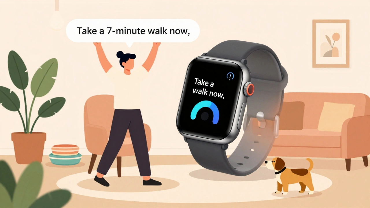 A person taking a walk after a smartwatch suggestion, with dog and household items in a cozy home setting.