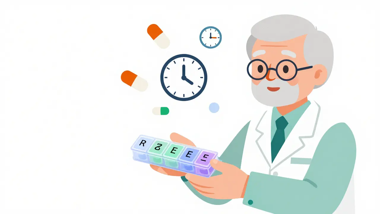 A pharmacist giving a color-coded weekly pill organizer to a patient.