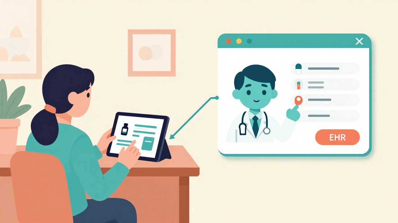 A rural patient video-calls a pharmacist, connected to an AI suggesting a generic drug alternative in a digital health system.