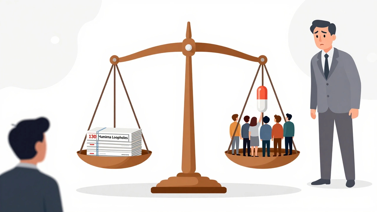 A scale tips under a mountain of patents versus a single biosimilar pill lifting patients up.