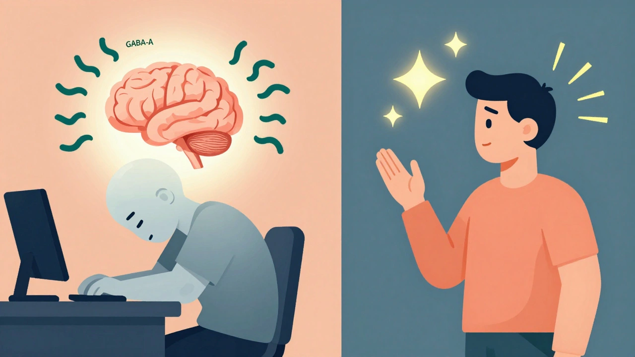 Brain with overactive calming signals versus active wakefulness signals in flat design.
