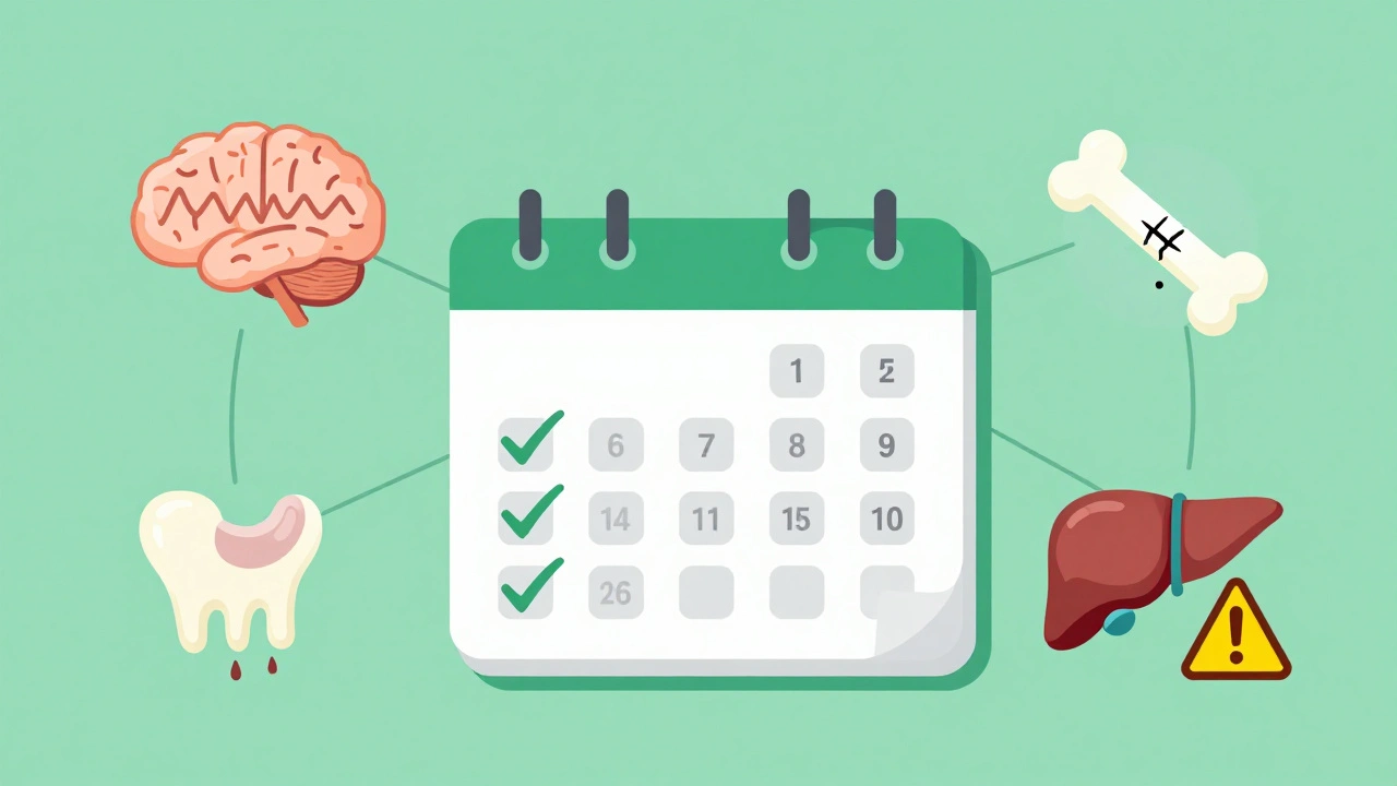 Calendar marking days 5 and 10 after pill switch with icons of brain, gums, bone, and liver