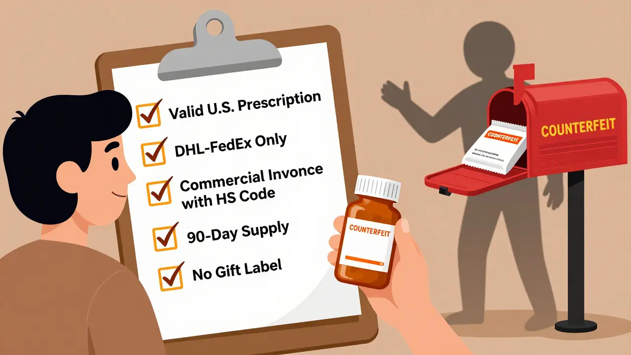 Checklist for safe international medication import with proper carrier and documentation