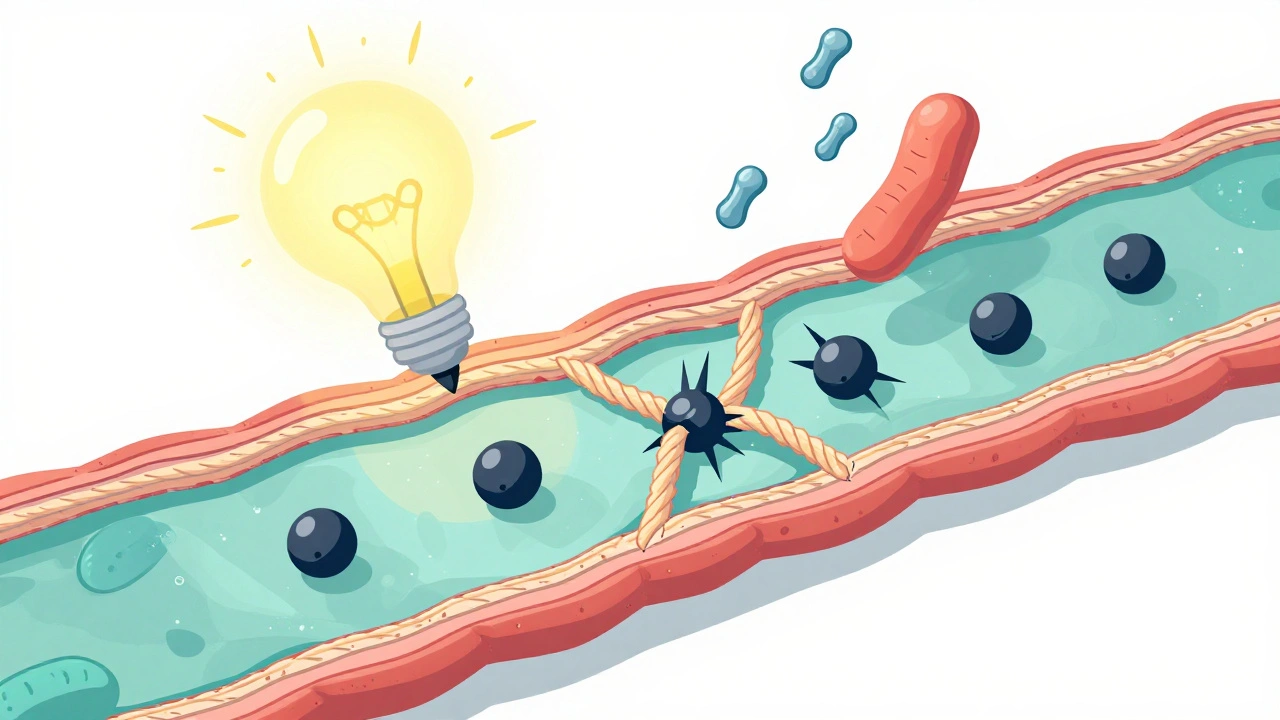 Cross-section of tendon being damaged by antibiotic molecules