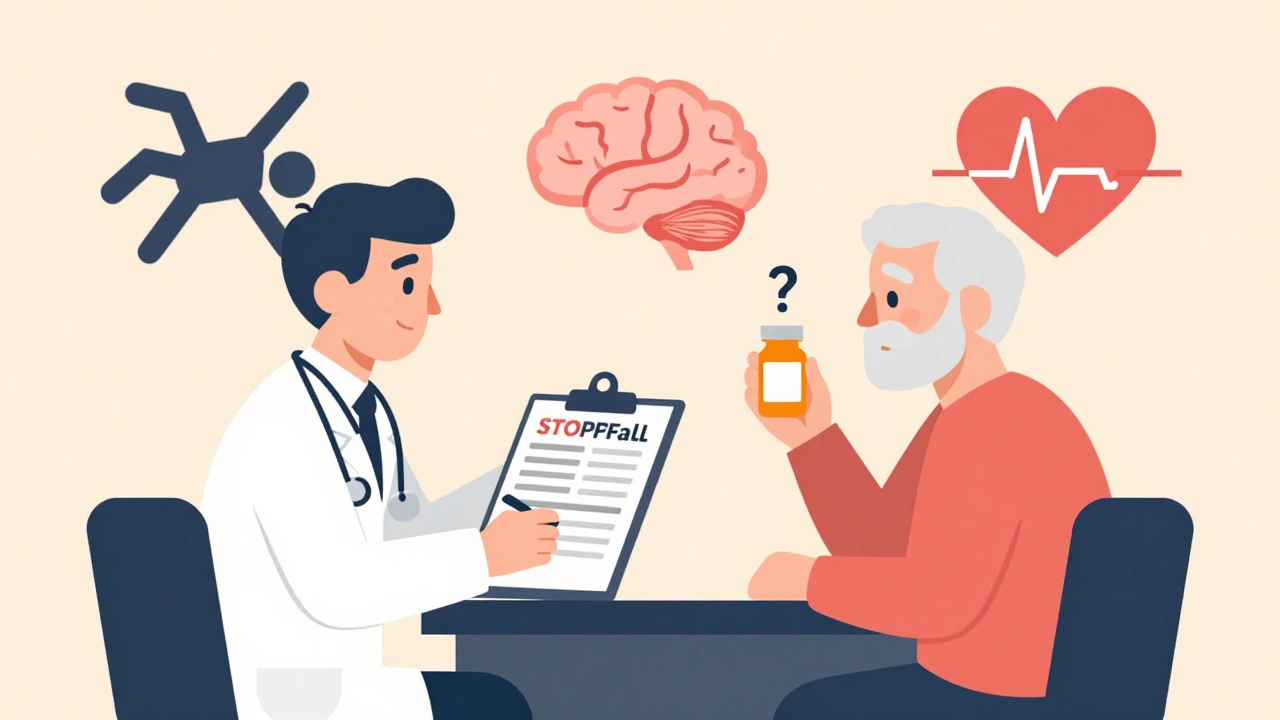 Doctor and older patient discussing medication risks using the STOPPFall tool at a clinic table.