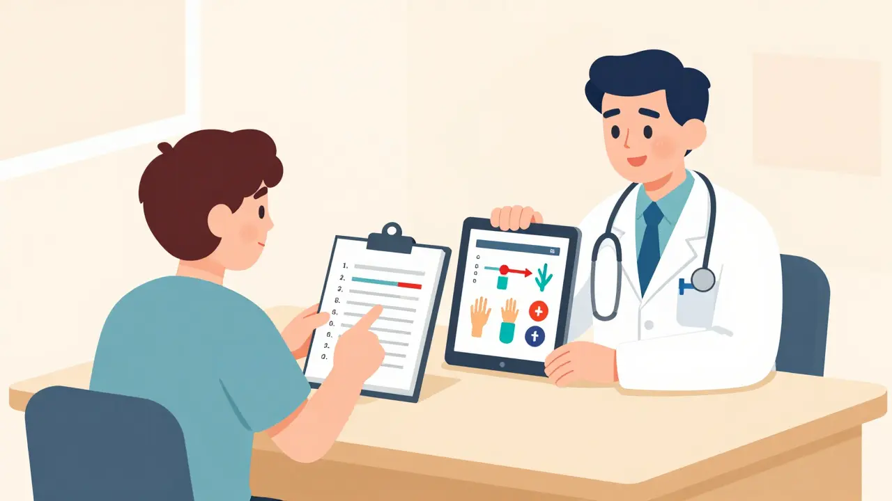 Doctor and patient reviewing tremor symptoms at a clinic with a comparison chart