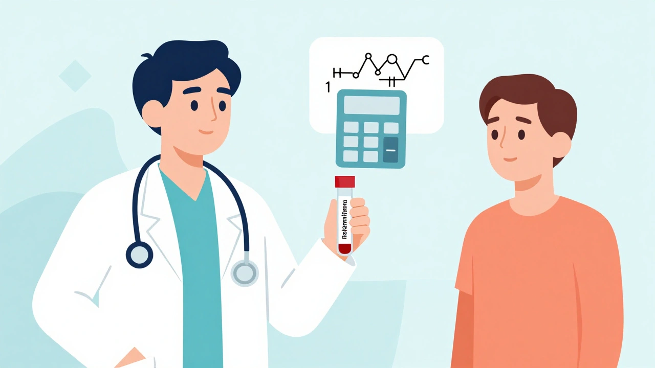 Doctor holding free phenytoin test vial beside patient with low albumin silhouette