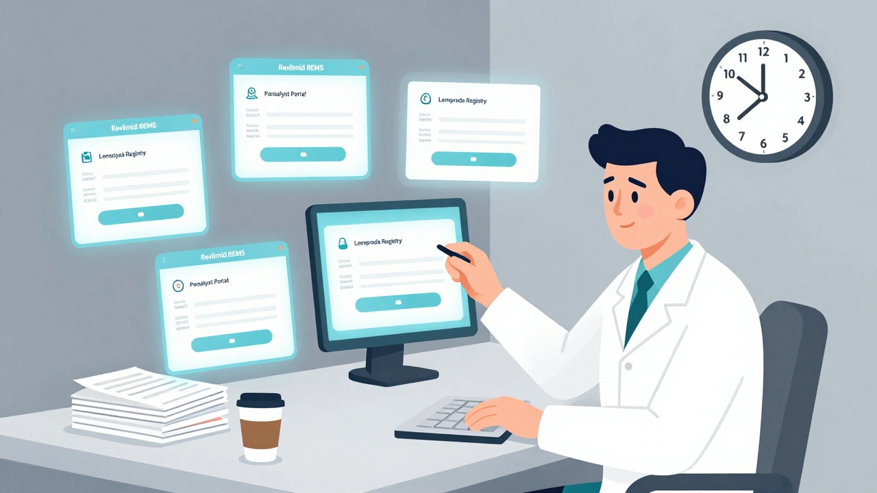 Doctor overwhelmed by multiple REMS login portals and paperwork at desk