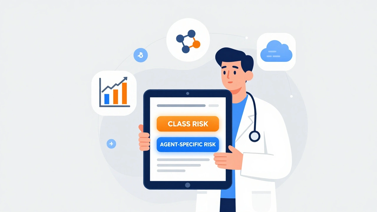 Doctor viewing FDA alert on tablet with glowing labels for class and agent-specific risks, surrounded by data icons.