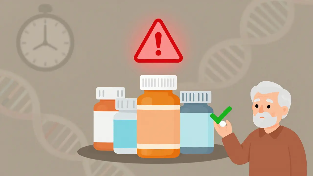 Elderly person surrounded by multiple pill bottles, with a warning symbol and DNA motif