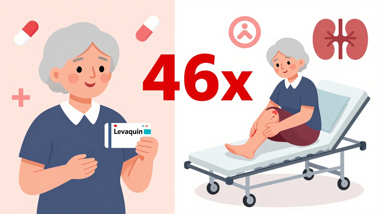 Elderly woman with prescription and sudden tendon pain, risk multiplier shown