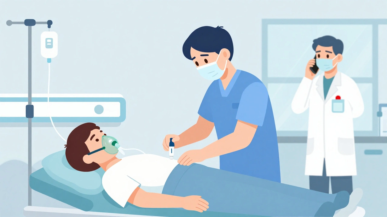 Emergency responders treating a patient lying flat in a hospital with oxygen and IV lines.