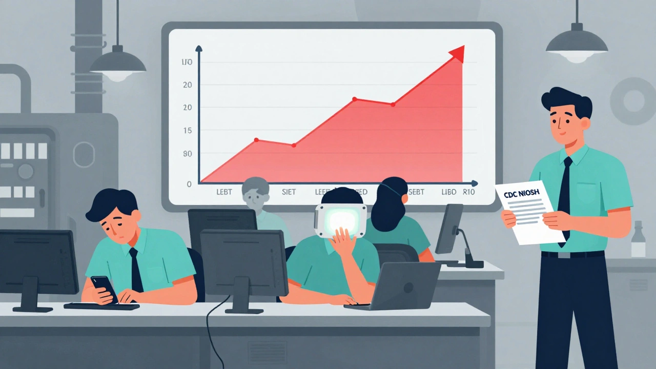 Factory workers on night shift using light therapy and napping with sleep tracker.
