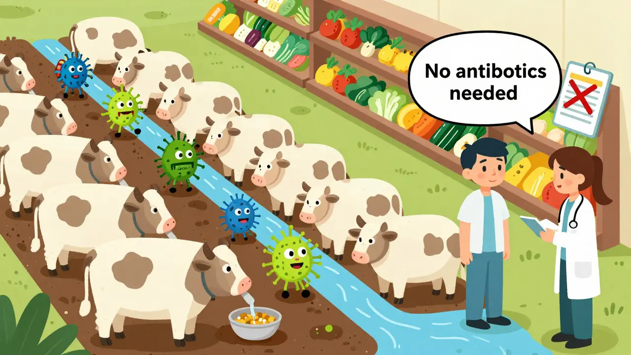 Farm animals receiving antibiotics, bacteria jumping to soil and veggies, doctor rejecting unnecessary prescription.