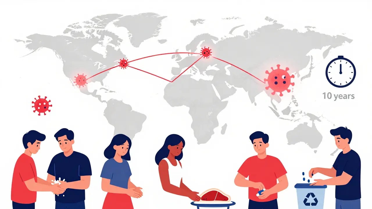 Global map showing spread of resistant bacteria, people taking action to prevent resistance, clock ticking toward crisis.