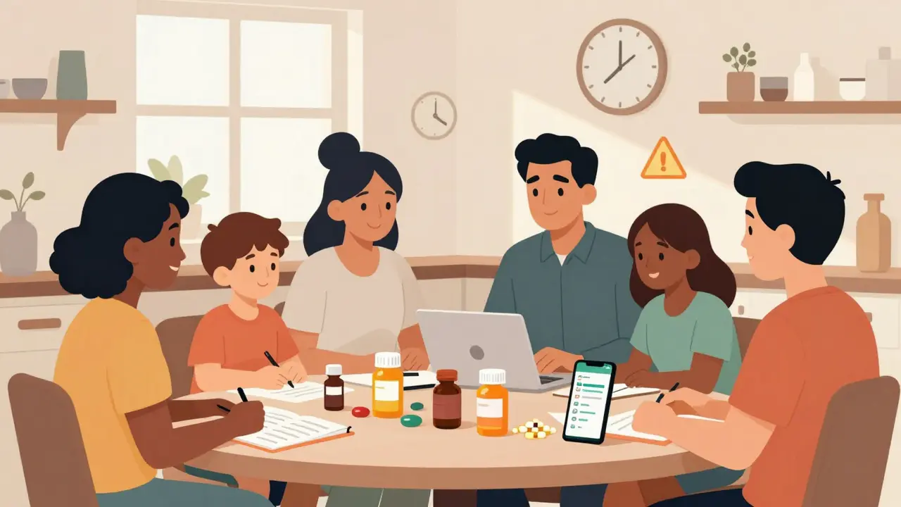 Group organizing medications at a kitchen table with pills, notebook, and phone showing a medication app.