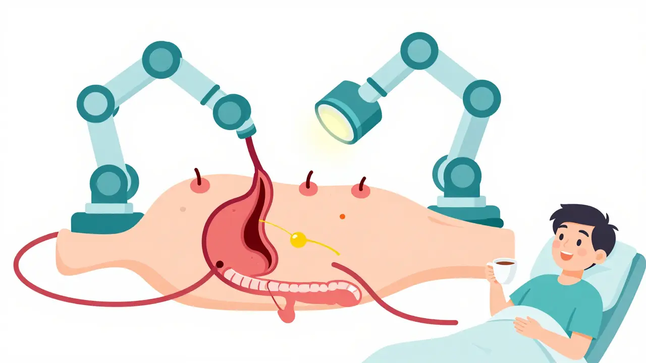 Laparoscopic surgery with tiny incisions and gallbladder being removed, patient recovering happily