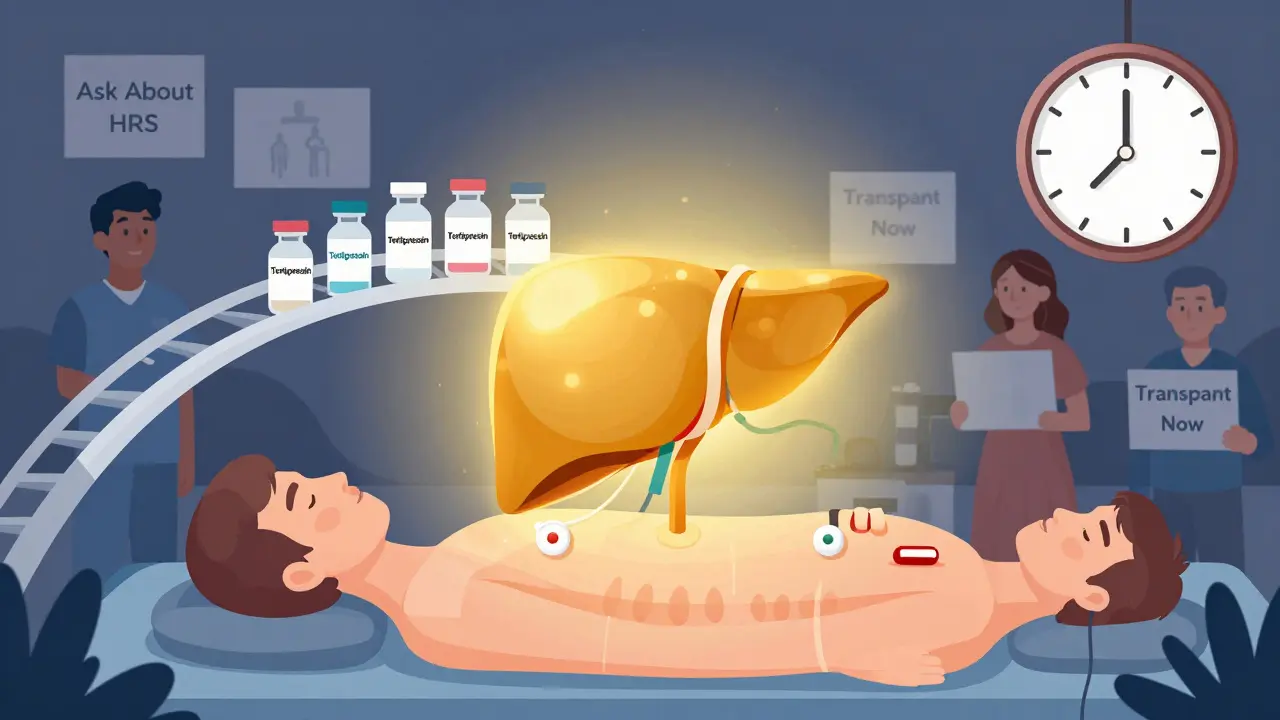 Liver transplant with terlipressin and albumin as a bridge, clock ticking down, patients advocating for early diagnosis.