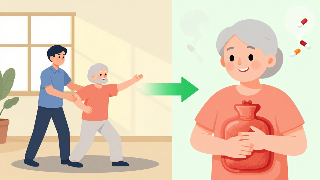 Older adult safely practicing tai chi with opioid pills fading away in background.