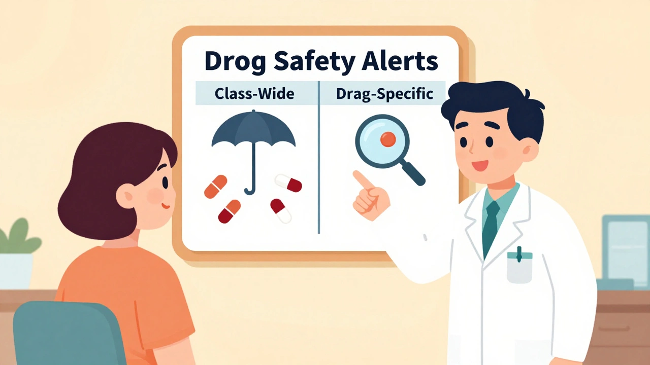 Patient and pharmacist discussing drug alerts using a visual chart with class-wide and drug-specific categories.